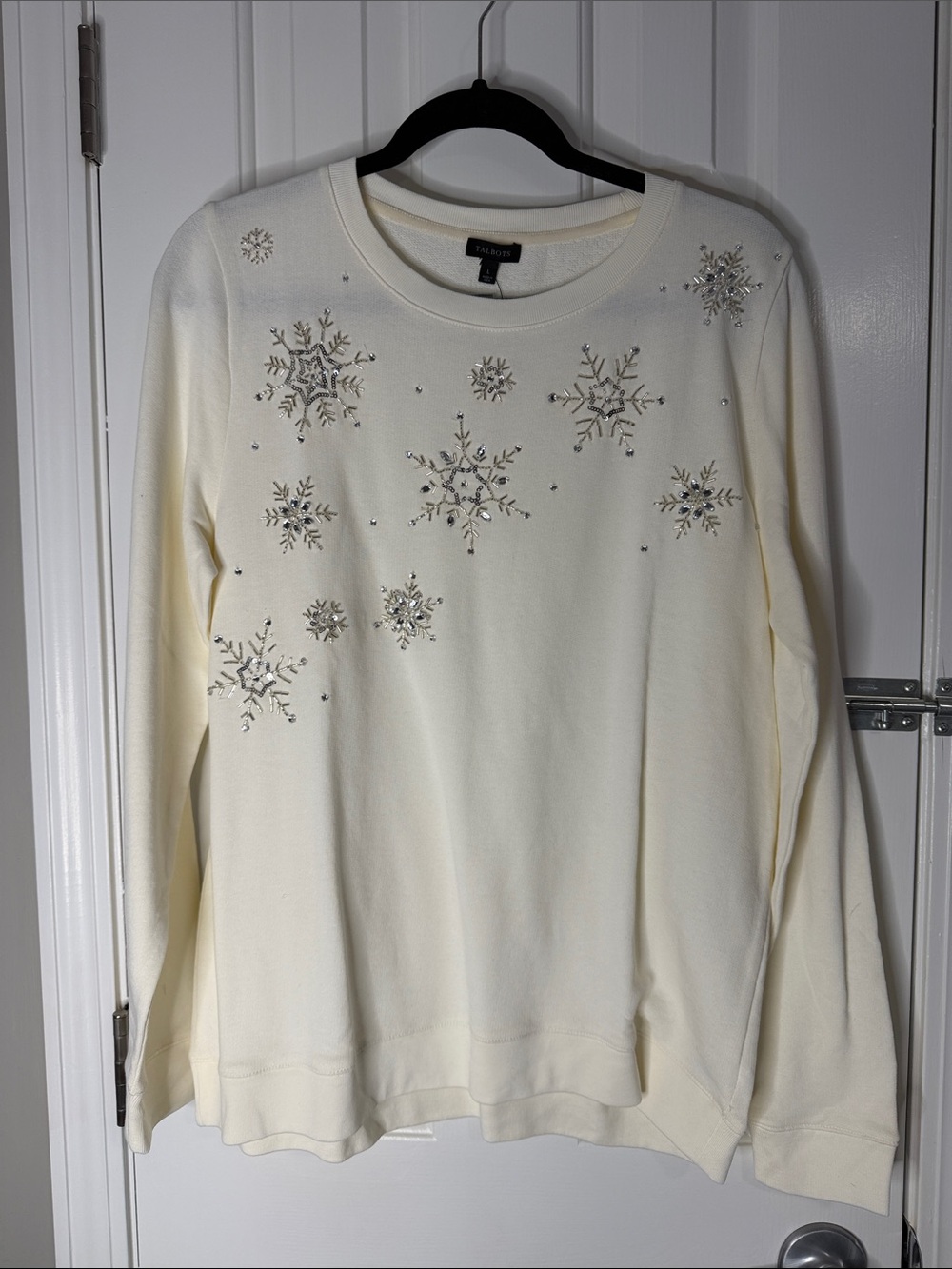 Talbots Ivory Snowflake Embellished Crewneck Sweatshirt